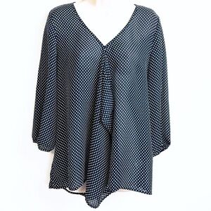 NEW Spense Semi Sheer Relaxed Fit Dot Blouse V Neck Blue White Large Pullover
